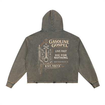 Wolf Worx Customs Gasoline Gospel Vintage Washed Frayed-Hem Hoodie