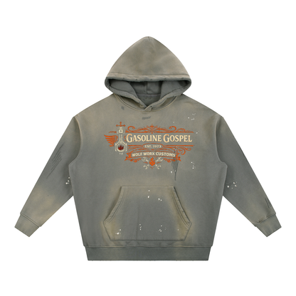 Wolf Worx Customs Gasoline Gospel Vintage Washed Frayed Fleece Hoodie