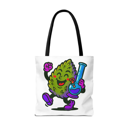 Happy Cannabis Nug Character Tote Bag | Marijuana Leaf with Bong Illustration