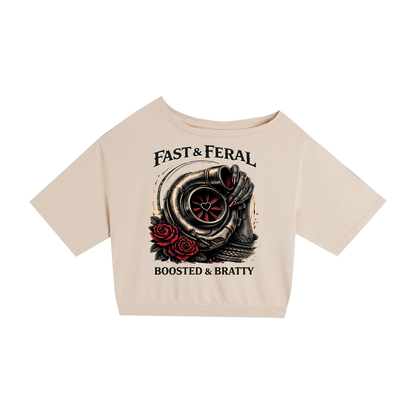 Fast & Feral Boosted & Bratty Asymmetric Shoulder Oversized Cotton T-Shirt