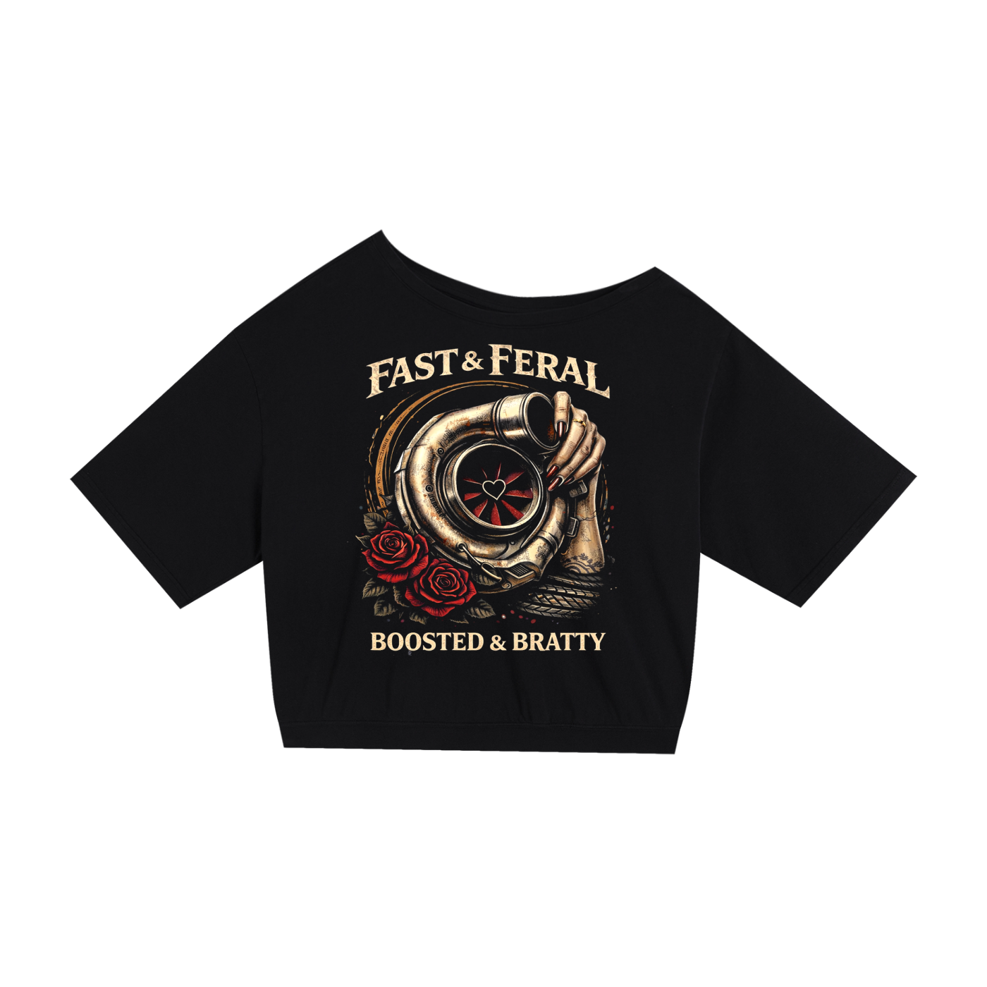 Fast & Feral Boosted and Bratty Asymmetric Shoulder Oversized Cotton T-Shirt