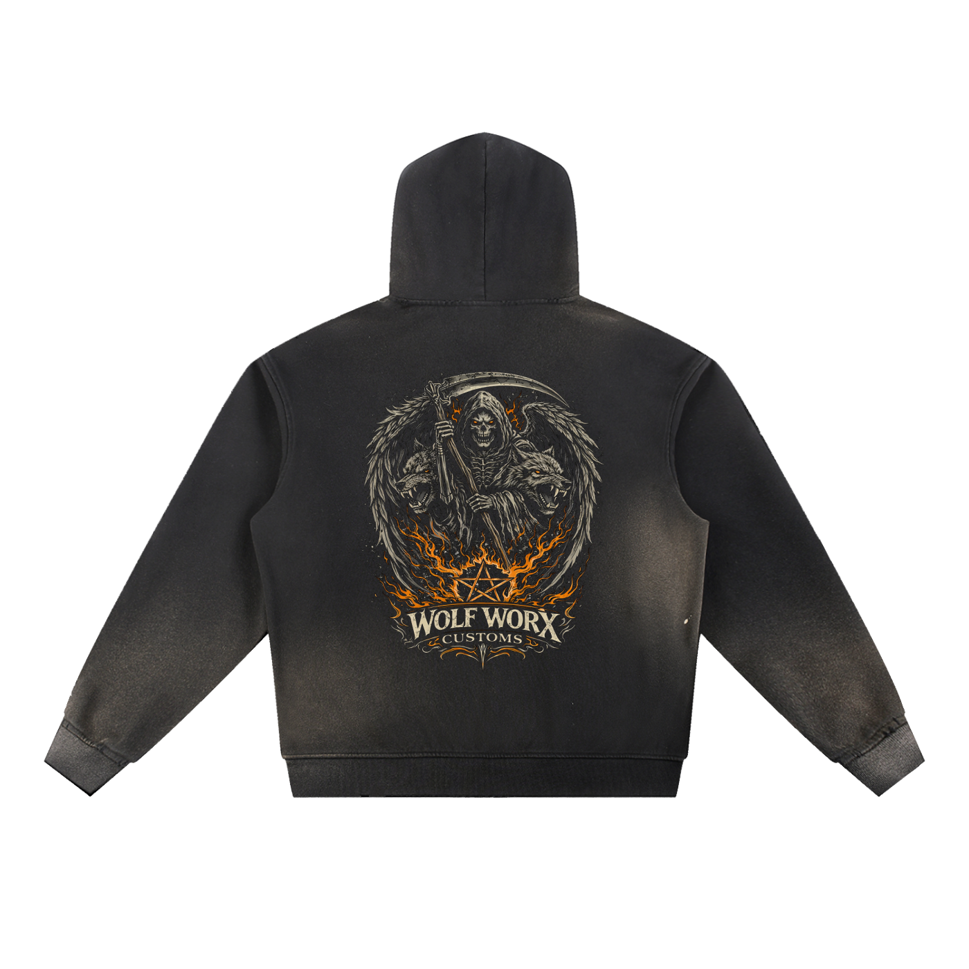 Wolf Worx Customs Gasoline Gospel Reaper Sun Fade Frayed Fleece Hoodie