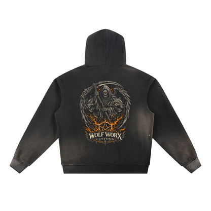Wolf Worx Customs Gasoline Gospel Reaper Sun Fade Frayed Fleece Hoodie