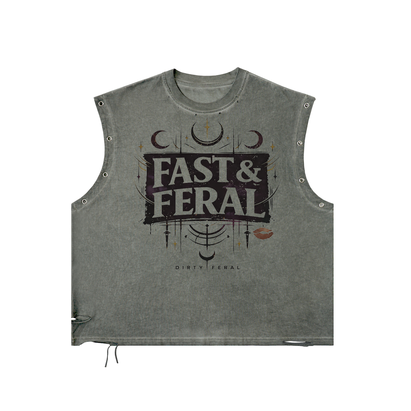 Fast & Feral Black Block Moon Distressed Grommet Eyelet Tank Top