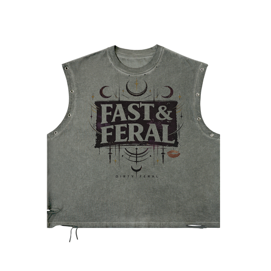 Fast & Feral Black Block Moon Distressed Grommet Eyelet Tank Top