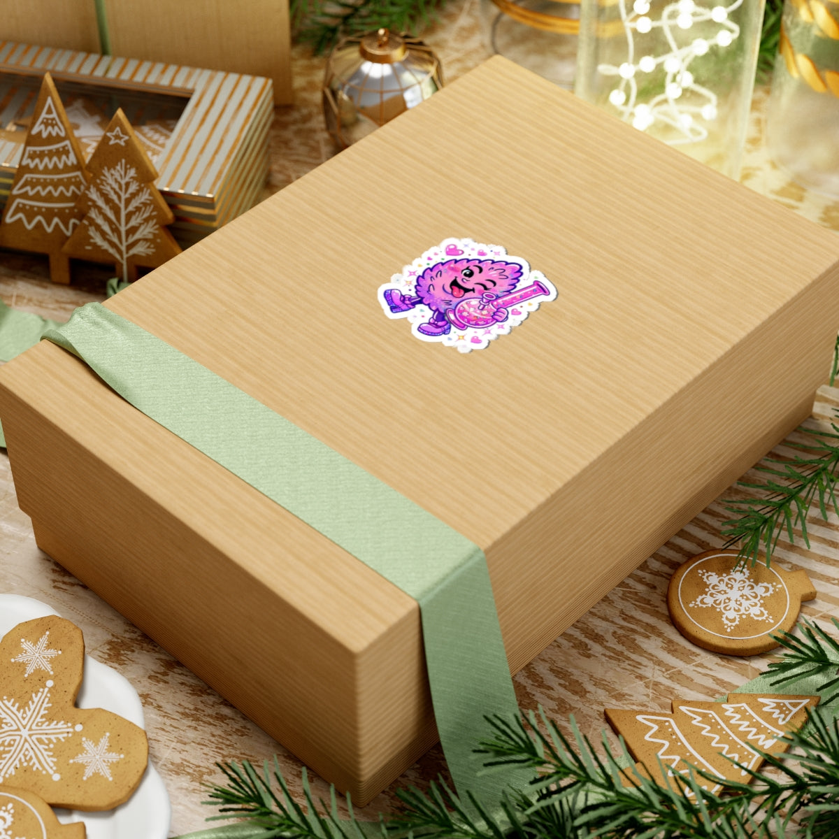 Winking Pink Nug with Beaker Sticker | Kiss-Cut Sticker, Cute Sparkle Design