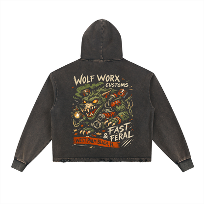 Wolf Worx Customs Gasoline Gospel Rat Fink Vintage Washed Frayed-Hem Hoodie