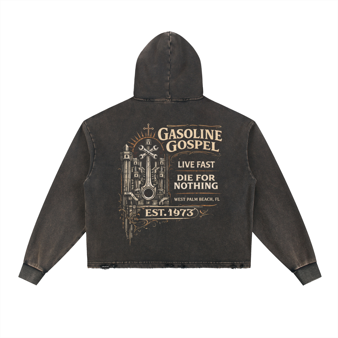 Wolf Worx Customs Gasoline Gospel Vintage Washed Frayed-Hem Hoodie