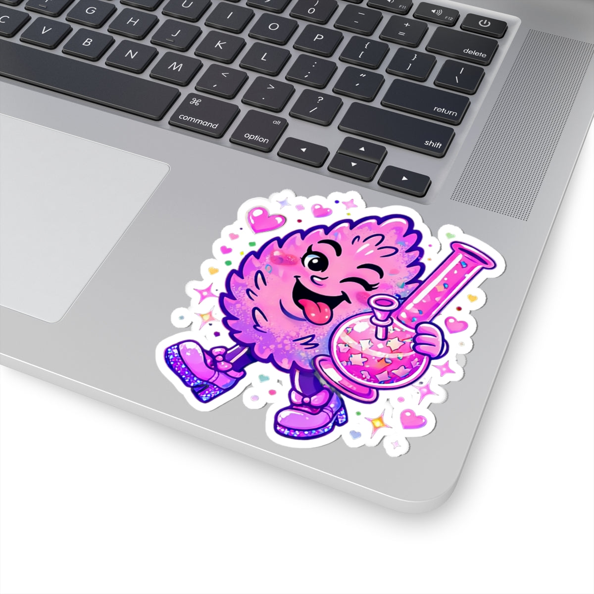 Winking Pink Nug with Beaker Sticker | Kiss-Cut Sticker, Cute Sparkle Design