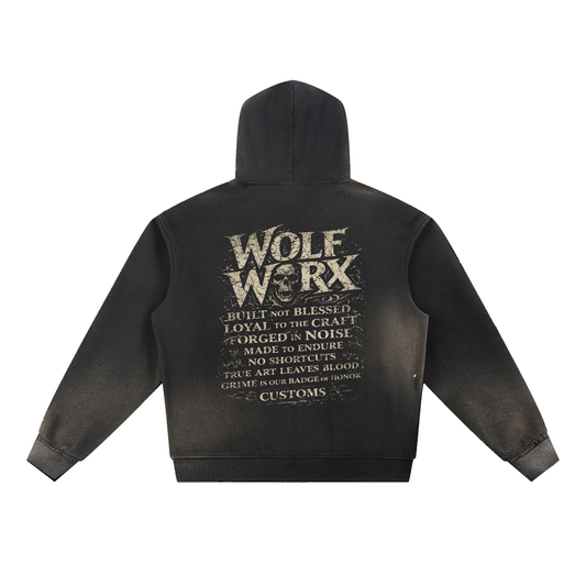 Wolf Worx Customs Words To Live By Sun Fade Frayed Fleece Hoodie