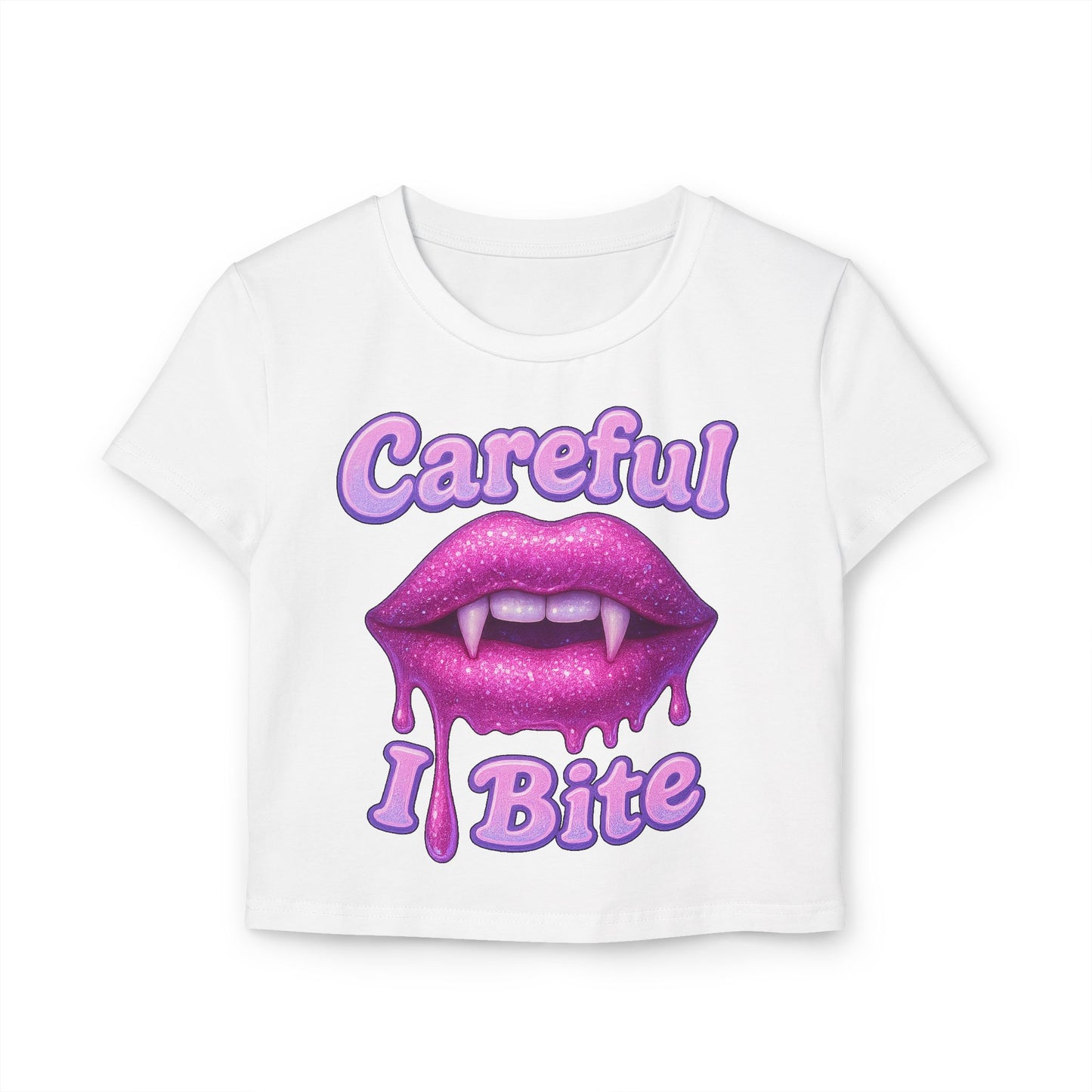 Careful I Bite vampire lips Crop Tee | Pink Dripping Lips graphic tee