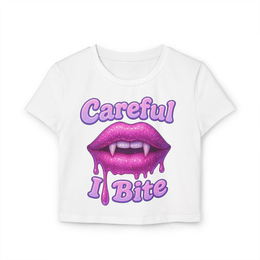 Careful I Bite vampire lips Crop Tee | Pink Dripping Lips graphic tee