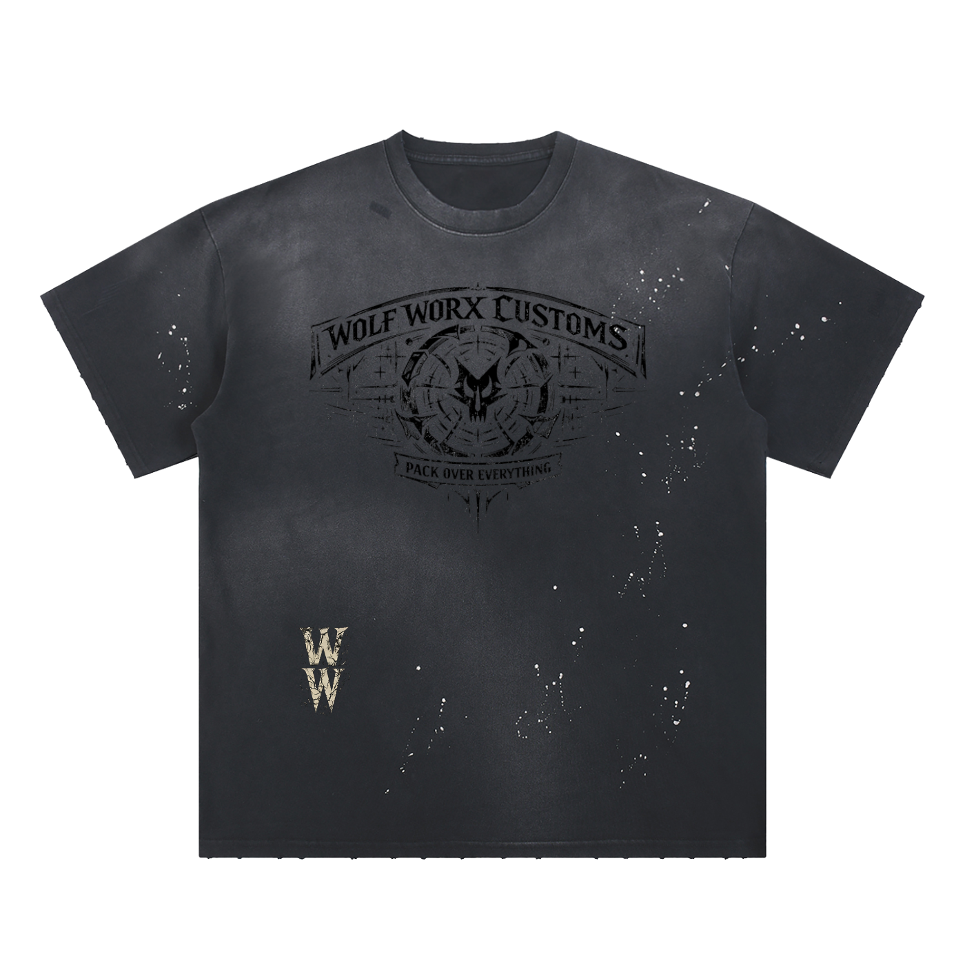 Wolf Worx Customs Shadow Wolf Splatter Hand-Frayed Sunfade Paint Splatter T-Shirt