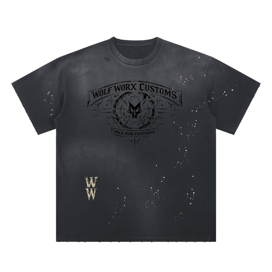 Wolf Worx Customs Shadow Wolf Splatter Hand-Frayed Sunfade Paint Splatter T-Shirt
