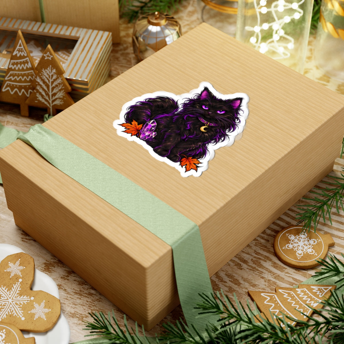 Purple Mystic Black Cat sticker | Halloween crystal moon kiss-cut sticker