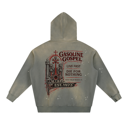 Wolf Worx Customs Gasoline Gospel Vintage Washed Frayed Fleece Hoodie