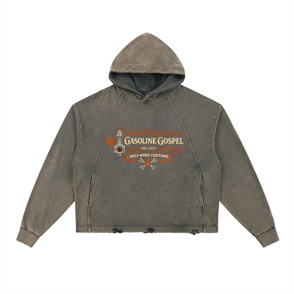 Wolf Worx Customs Gasoline Gospel Vintage Washed Frayed-Hem Hoodie