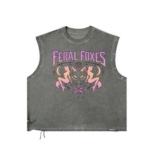 Fast & Feral Feral Foxes Pink Distressed Grommet Eyelet Tank Top