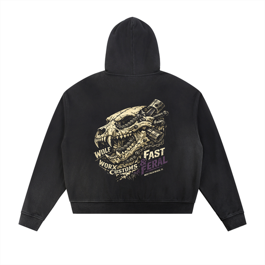 Wolf Worx Customs Gasoline Gospel Piston Skull Sun Fade Frayed Raw Edge Fleece Zip Hoodie