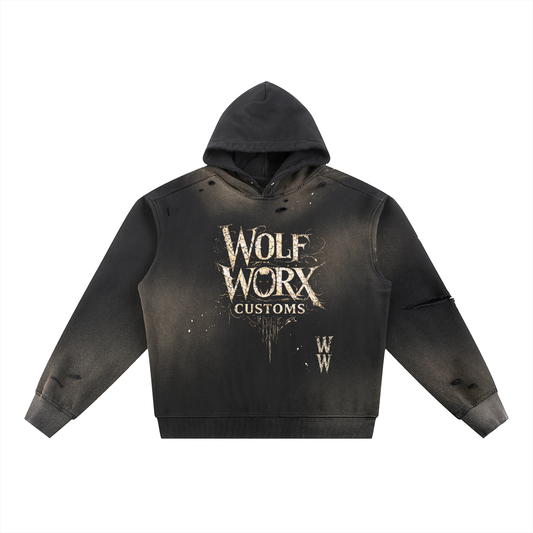 Wolf Worx Customs Words To Live By Sun Fade Frayed Fleece Hoodie