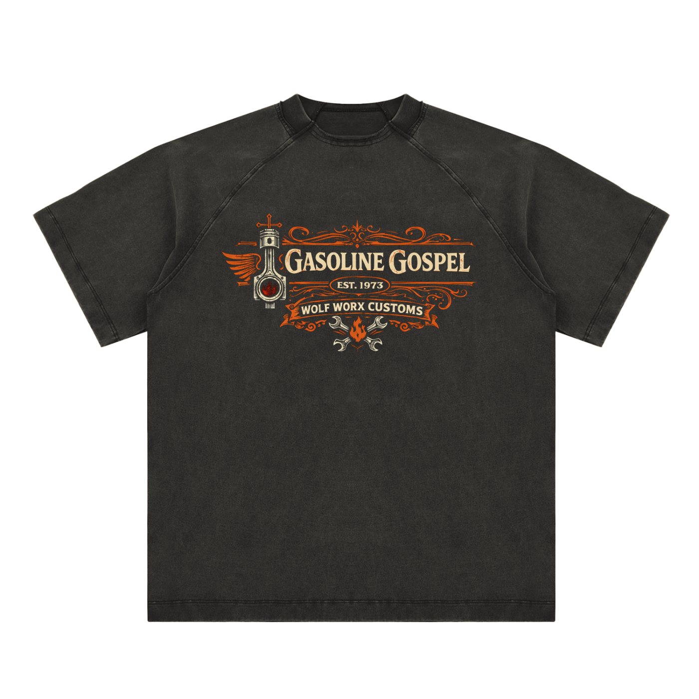 Wolf Worx Customs Gasoline Gospel Black Vintage Washed Raglan Cotton T-Shirt