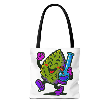 Happy Cannabis Nug Character Tote Bag | Marijuana Leaf with Bong Illustration