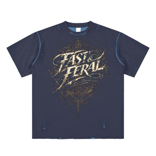 Wolf Worx Customs Fast & Feral Blue Hand-frayed Reversible T-shirt