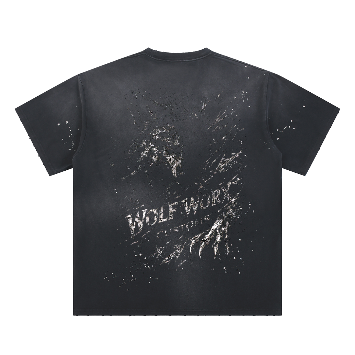Wolf Worx Customs Shadow Wolf Splatter Hand-Frayed Sunfade Paint Splatter T-Shirt
