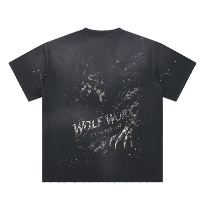 Wolf Worx Customs Shadow Wolf Splatter Hand-Frayed Sunfade Paint Splatter T-Shirt