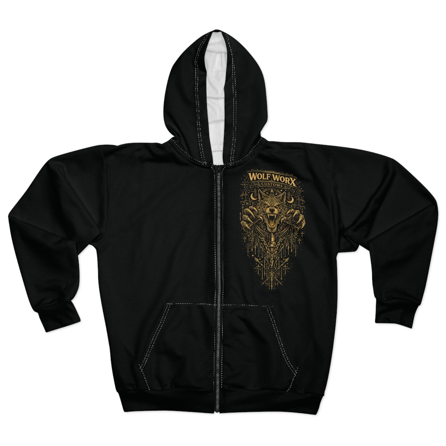 Wolf Worx Customs Zip Hoodie — Vintage Wolf Mechanic Graphic, West Palm Beach Performance Jacket