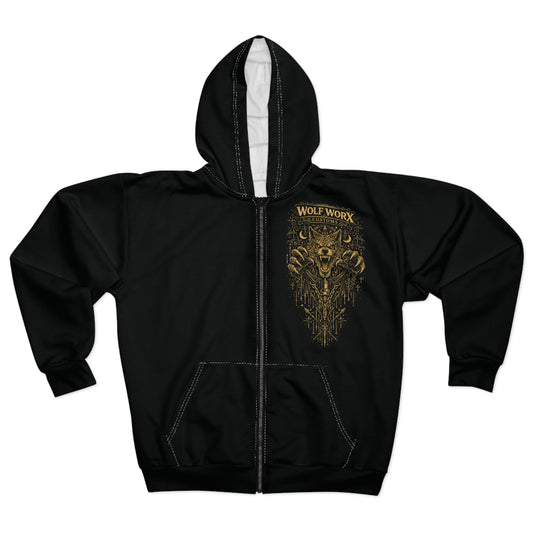 Wolf Worx Customs Zip Hoodie — Vintage Wolf Mechanic Graphic, West Palm Beach Performance Jacket