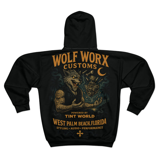 Wolf Worx Customs Zip Hoodie — Vintage Wolf Mechanic Graphic, West Palm Beach Performance Jacket