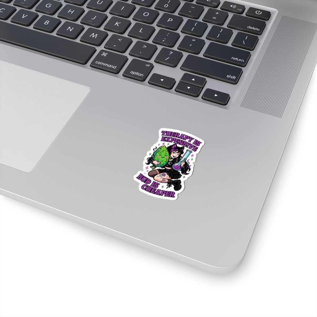 "Therapy Is Expensive, Bud Is Cheaper" Cute Cannabis Therapy Stickers | Funky Decal for Water Bottles, Laptops, Mugs | Perfect for Cannabis Lovers, Gifts, Self-Care