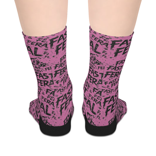 Fast & Feral Mid-Length Socks — Pink Patterned Graphic Crew Socks