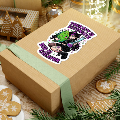 "Therapy Is Expensive, Bud Is Cheaper" Cute Cannabis Therapy Stickers | Funky Decal for Water Bottles, Laptops, Mugs | Perfect for Cannabis Lovers, Gifts, Self-Care