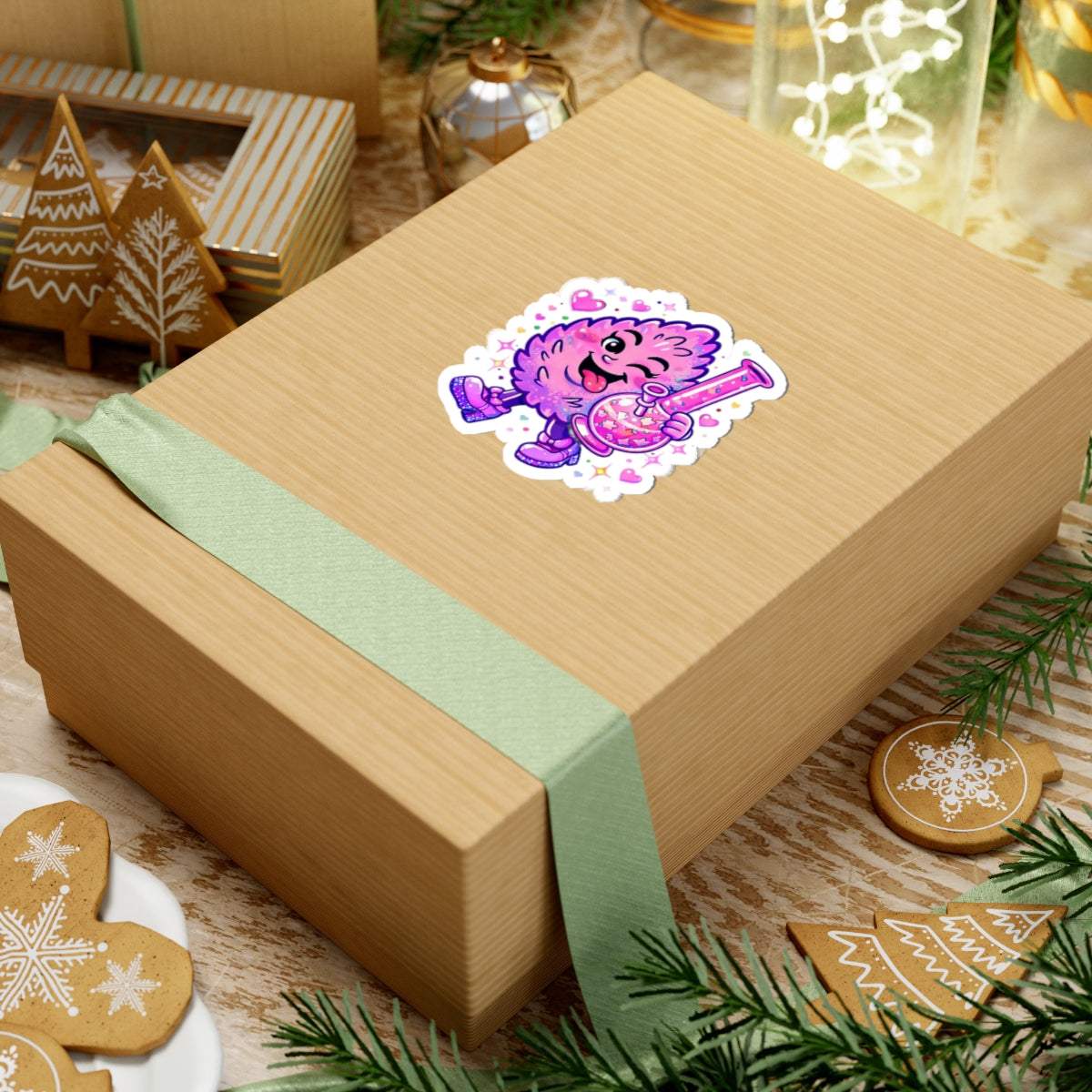 Winking Pink Nug with Beaker Sticker | Kiss-Cut Sticker, Cute Sparkle Design