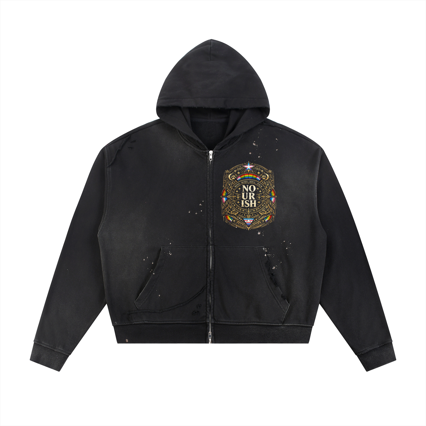 No Ur Ish NOURISH Pride Sun Fade Frayed Raw Edge Fleece Zip Hoodie