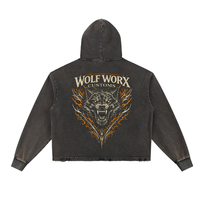 Wolf Worx Customs Pinstripe Crest Vintage Washed Frayed-Hem Hoodie