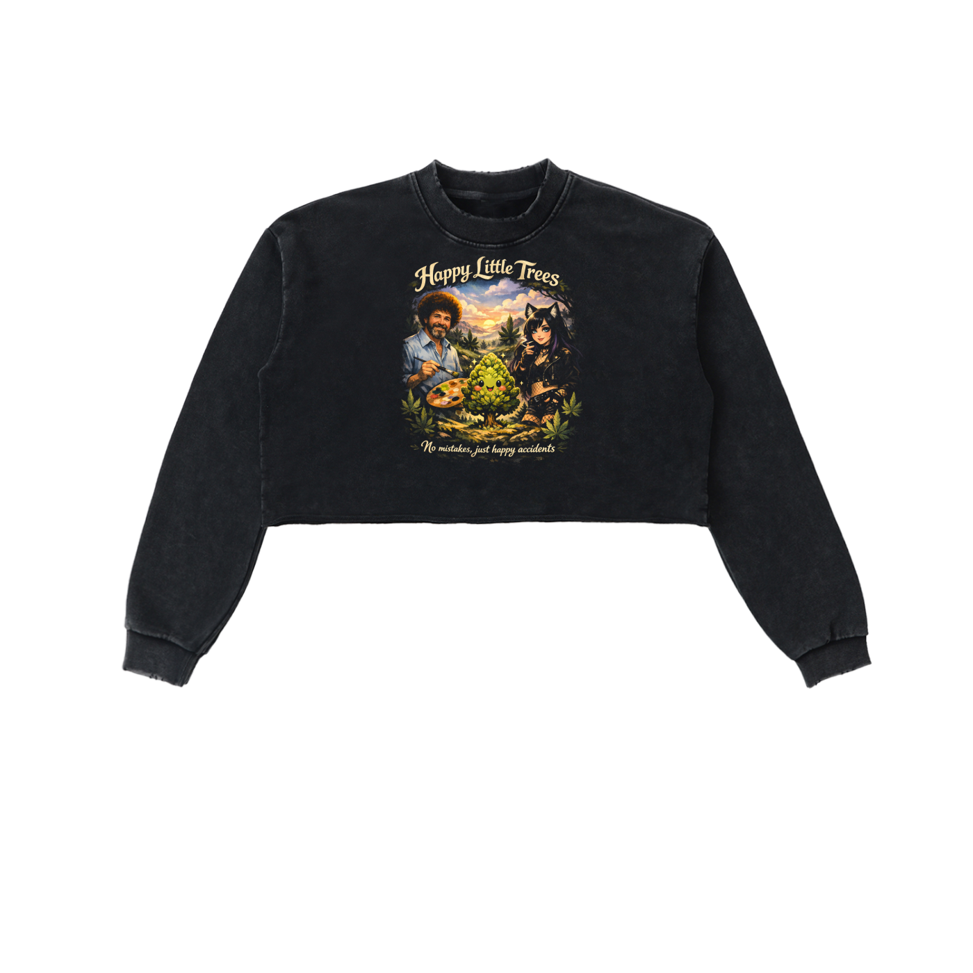kenzie Killz Happy LIttle Trees Bob Ross Cannabis Snow Washed Raw Edge Cropped Sweatshirt