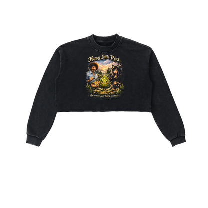 kenzie Killz Happy LIttle Trees Bob Ross Cannabis Snow Washed Raw Edge Cropped Sweatshirt
