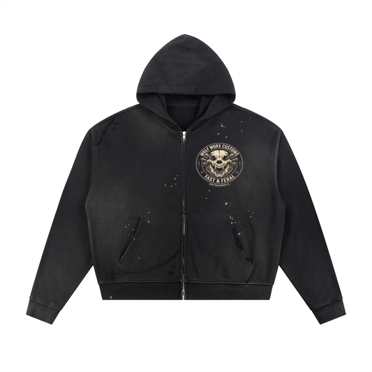 Wolf Worx Customs Gasoline Gospel Piston Skull Sun Fade Frayed Raw Edge Fleece Zip Hoodie