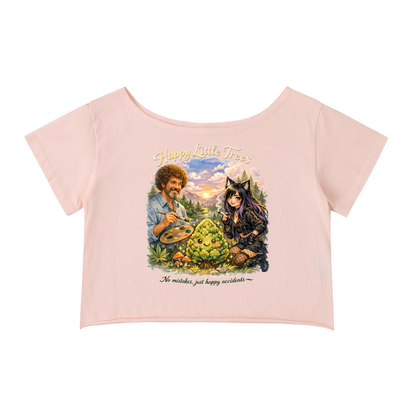 Kenzie Killz Happy Little Trees Bob Ross Cannabis Off-Shoulder Rolled Hem Cotton T-Shirt