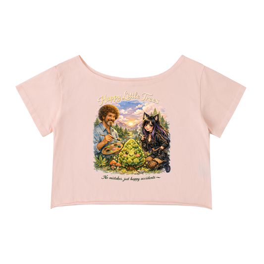 Kenzie Killz Happy Little Trees Bob Ross Cannabis Off-Shoulder Rolled Hem Cotton T-Shirt