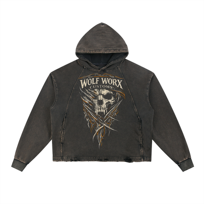 Wolf Worx Customs Pinstripe Crest Vintage Washed Frayed-Hem Hoodie