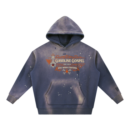 Wolf Worx Customs Gasoline Gospel Vintage Washed Frayed Fleece Hoodie