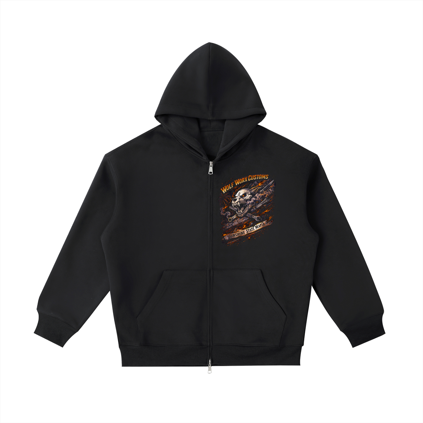 Wolf Worx Customs Sunshine State Mafia Flaming Badge Essential Heavyweight Pocket Hoodie