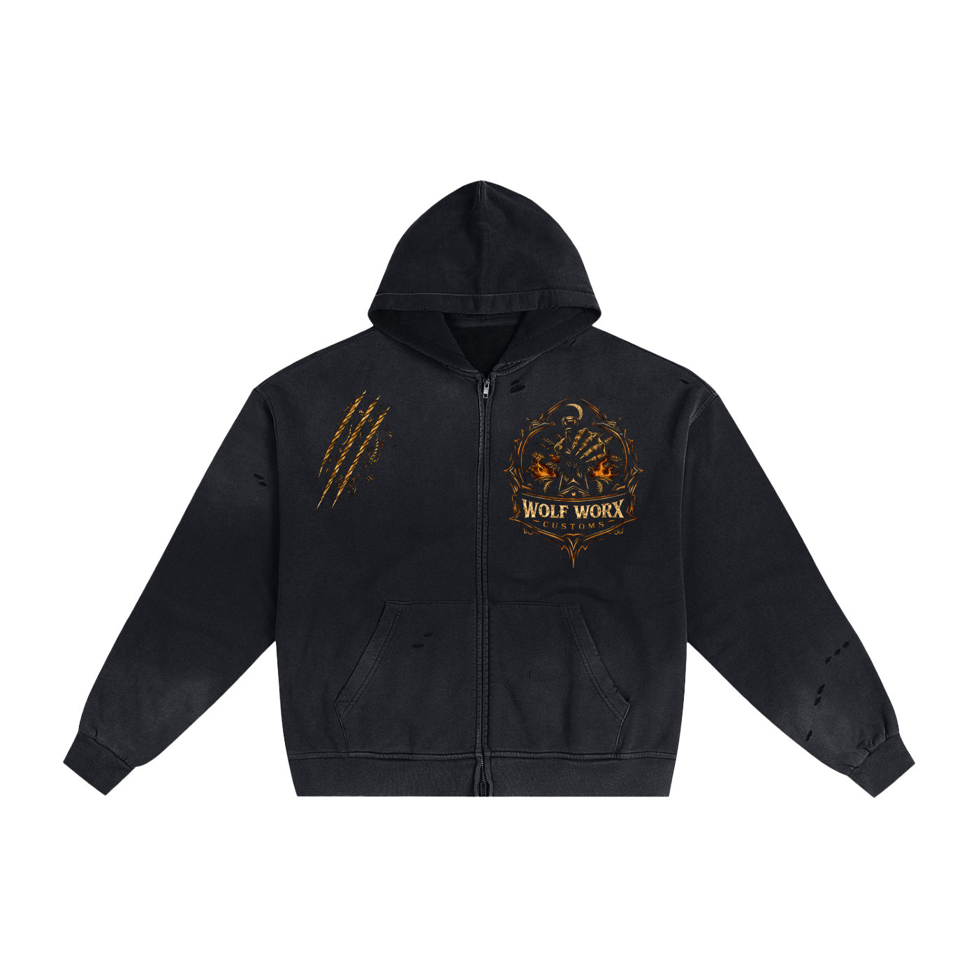 Wolf Worx Customs Fast & Feral Passion Hand-Frayed Sunfade Zip Hoodie