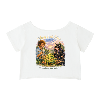 Kenzie Killz Happy Little Trees Bob Ross Cannabis Off-Shoulder Rolled Hem Cotton T-Shirt