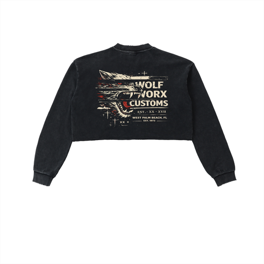 Fast & Feral Censored Pinstripe Snow Washed Raw Edge Cropped Sweatshirt