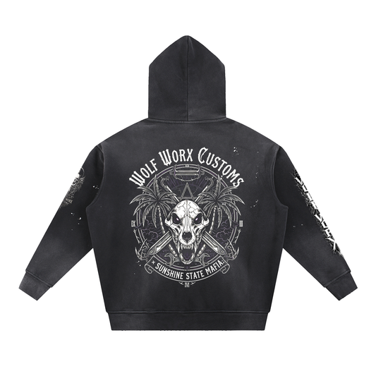 Wolf Worx Customs Sunshine State Mafia Vintage Washed Frayed Fleece Hoodie